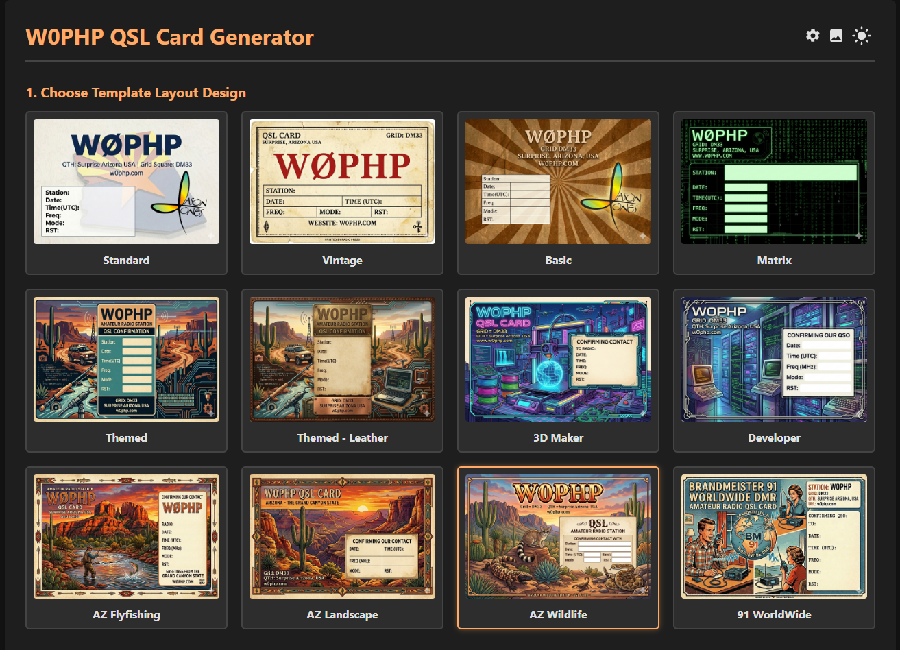 W0PHP QSL Card Generator Web Interface Layout